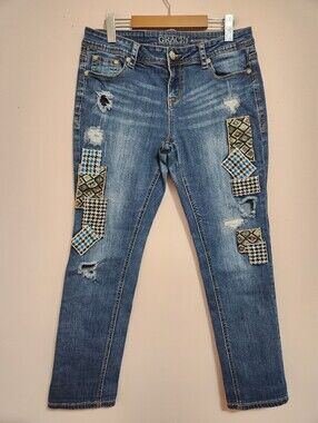 Grace in LA Boyfriend Jeans Distressed Patchwork Houndstooth Southwestern Sz 28